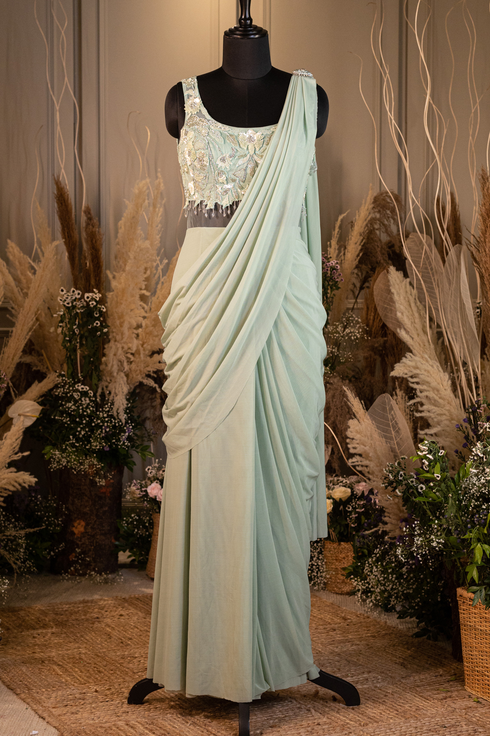 Olive Green pre draped saree Gown with embroidered waist belt. –  nehagursahani
