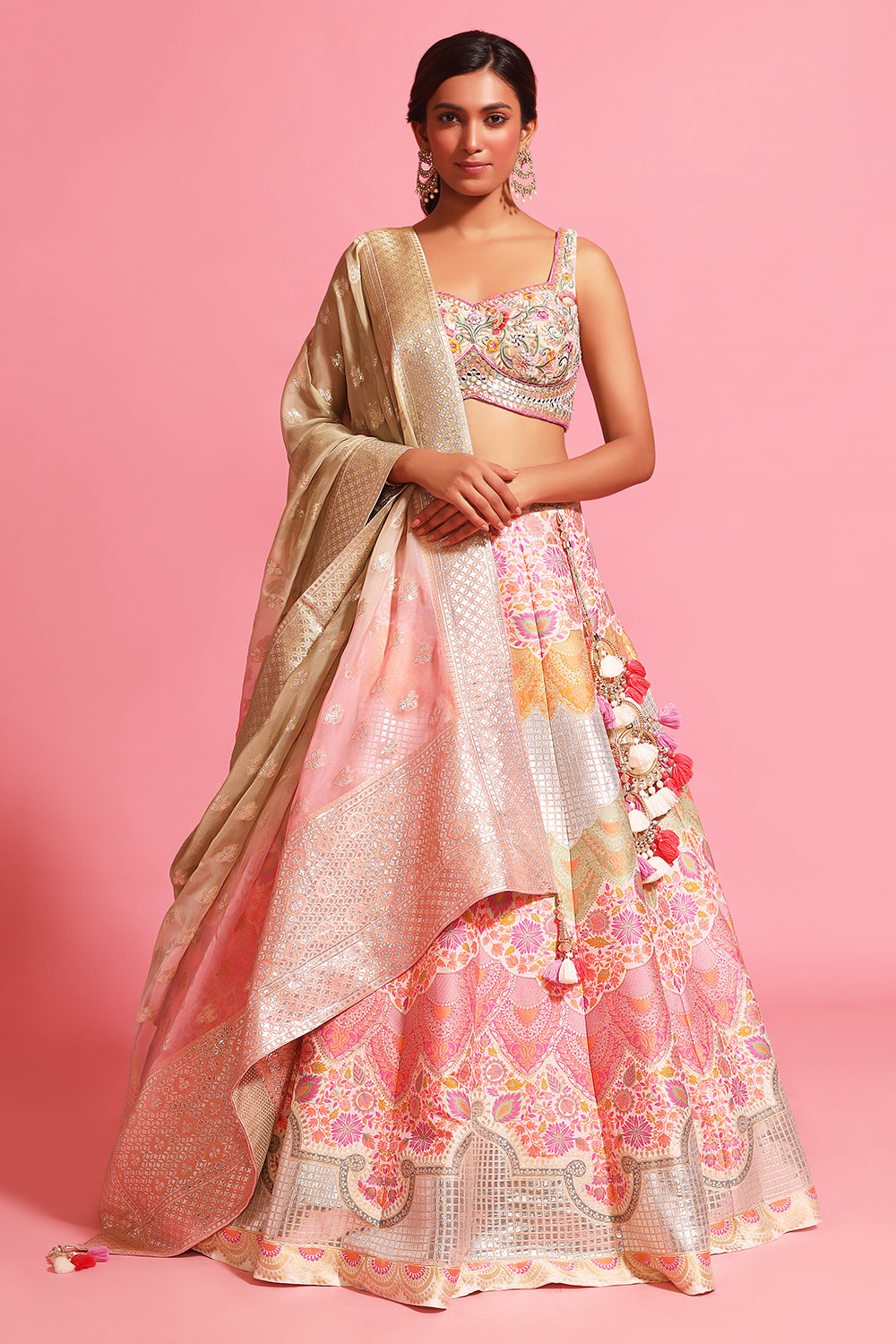 This coral pink lehenga is featuring in net with floral zari embroidery all  over. This coral pin… | Indian gowns dresses, Indian designer outfits,  Pakistani dresses