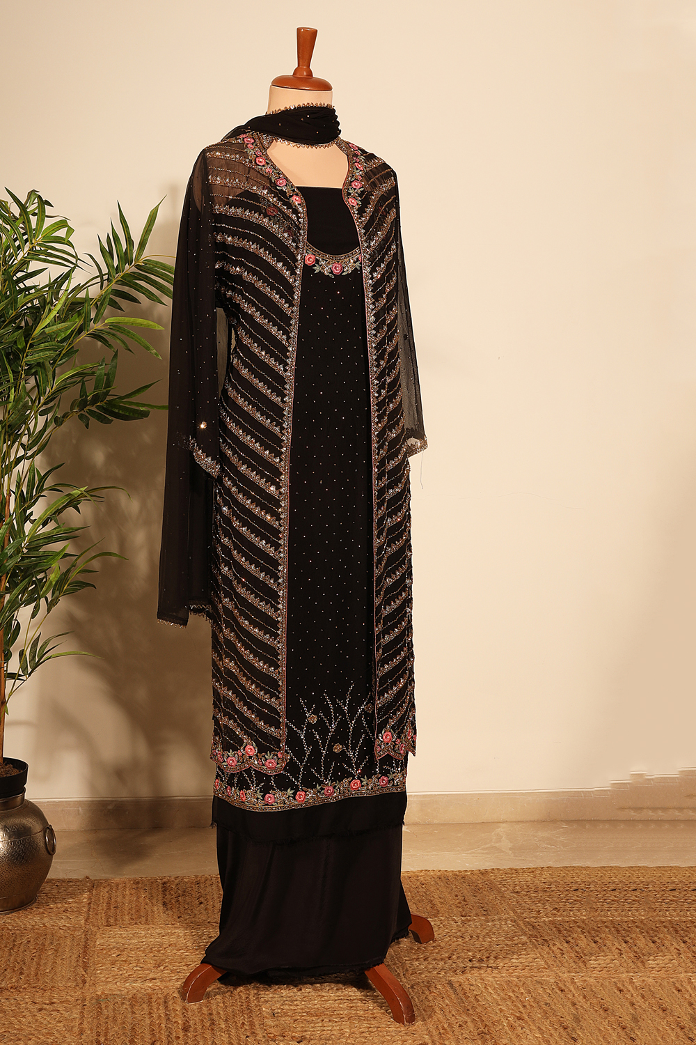 Black Printed Georgette Straight Suit With Dupatta