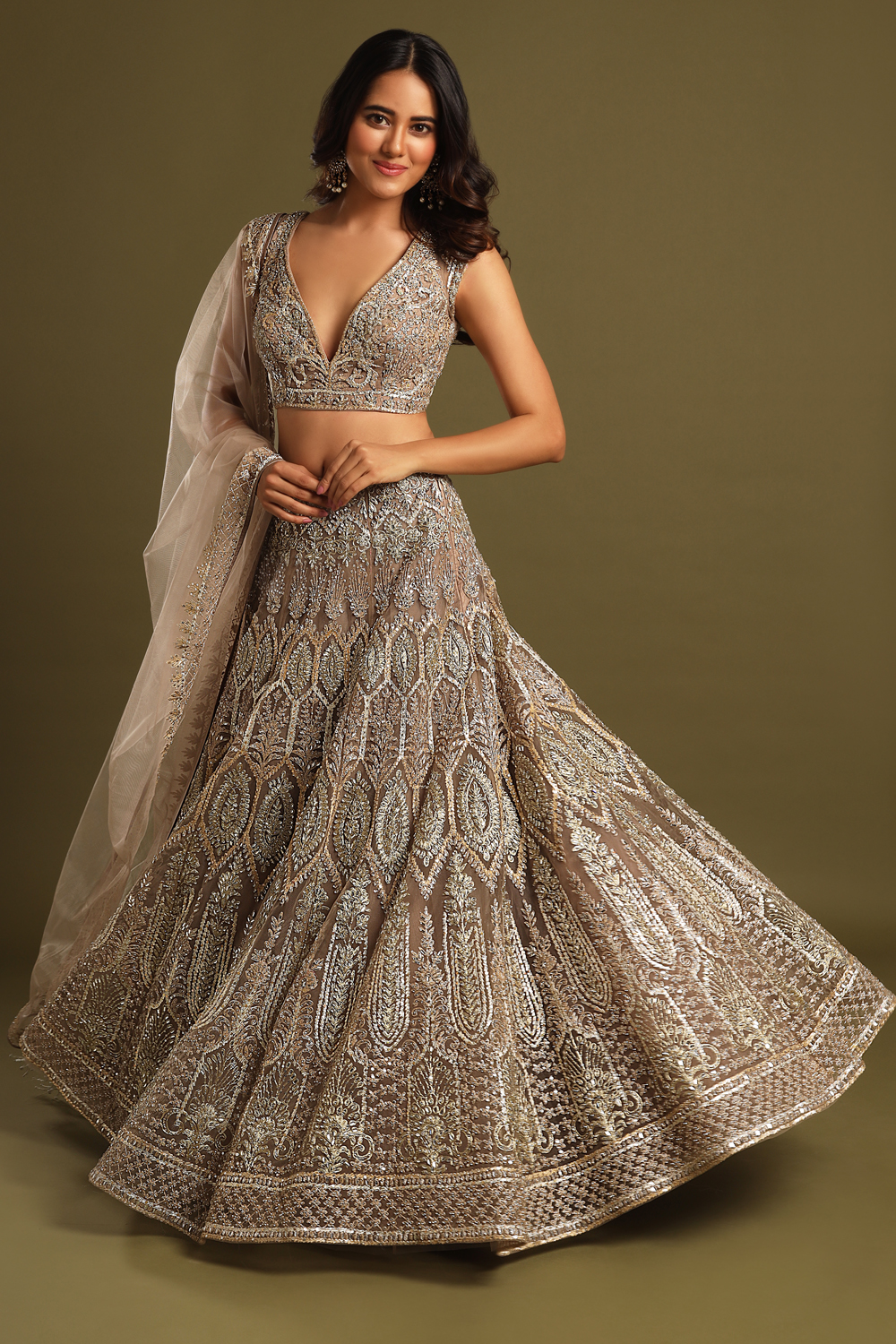 Dusty Grey Embroidered Lehenga Set with Cold Shoulder Blouse & Silver  Details - Seasons India