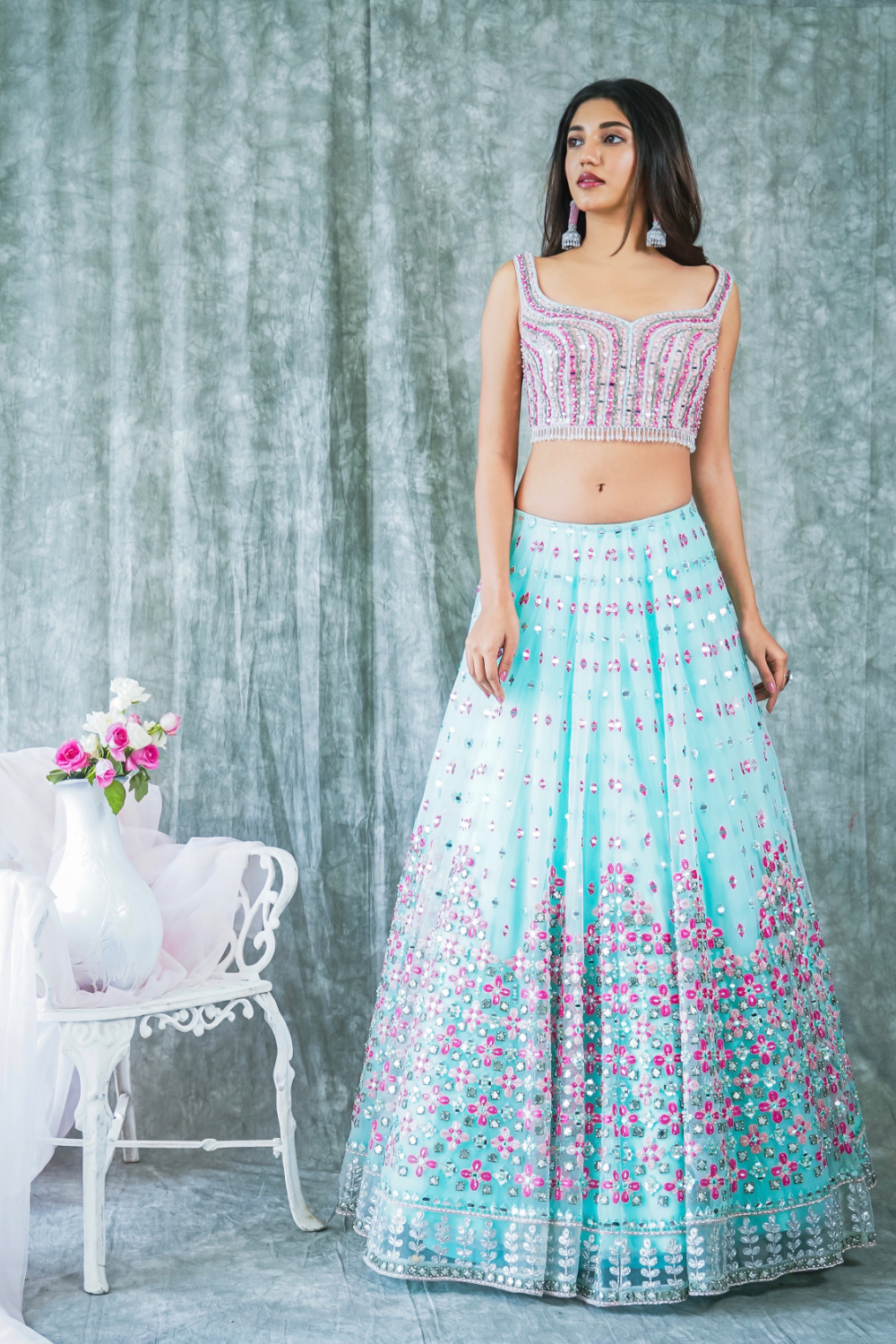 Blue And Pink Embroidery Lehenga Saree - Yosari.com