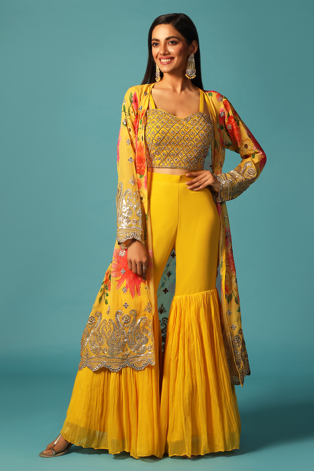 Buy Daffodil Yellow And White Sharara Suit With Lehariya Print And Gotta  Patti Embroidered Floral Motifs Online - Kalki Fashion