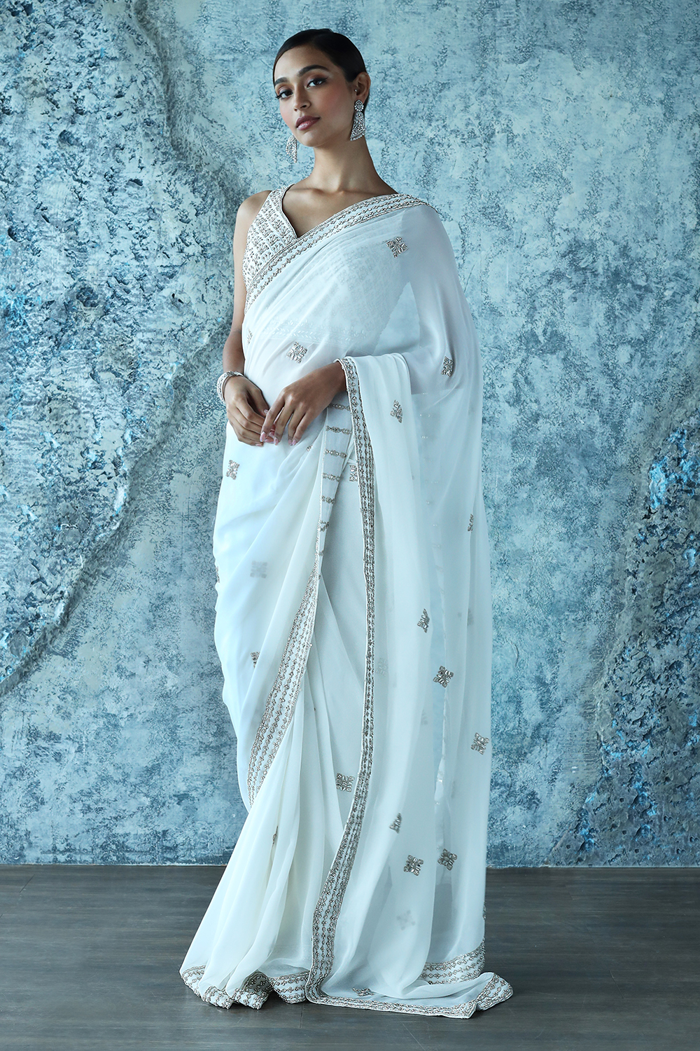 Ivory White Banarasi Brocade Saree with Patterned Blouse & Gold Details -  Seasons India