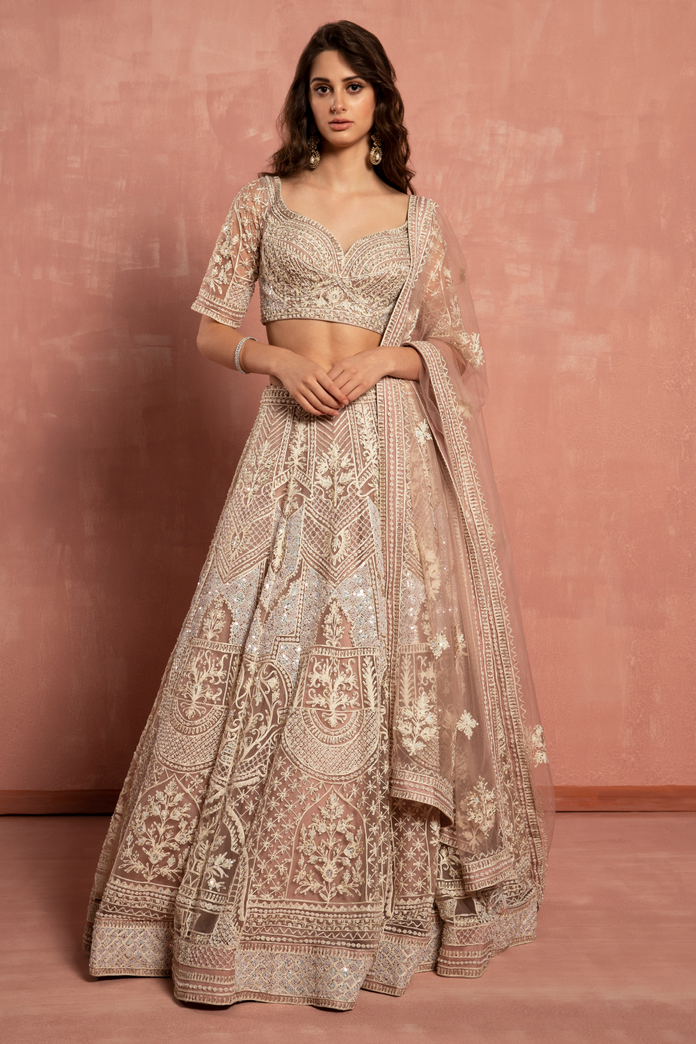DUSTY PINK CLASSIC LEHENGA SET WITH PATTERNED IVORY EMBROIDERY