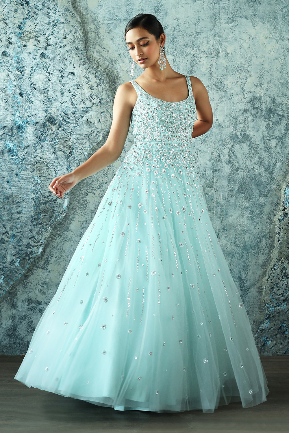New Designer Sky blue Reception Dress for Indian bride gown