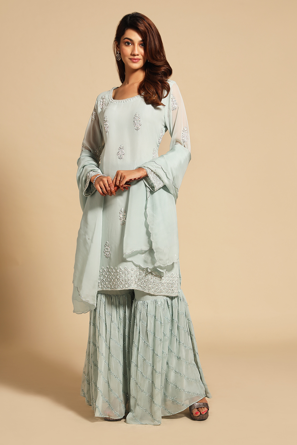 Calendula Georgette Embroidery Work Designer Heavy Salwar-Kameez Suit With Sharara  Pants | Exotic India Art