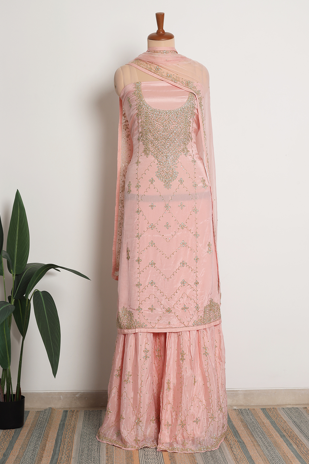 Pink Embroidered Viscose Rayon A-Line Suit Sets With Dupatta