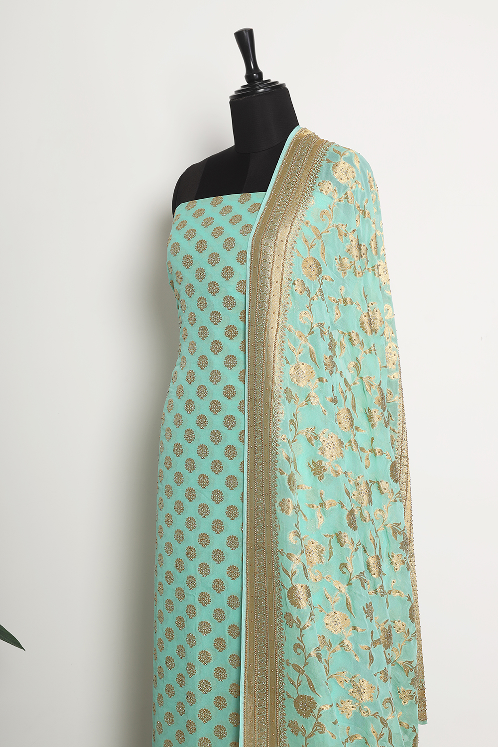 Green - Cutwork Buti Cotton Silk Banarasi Dupatta 07