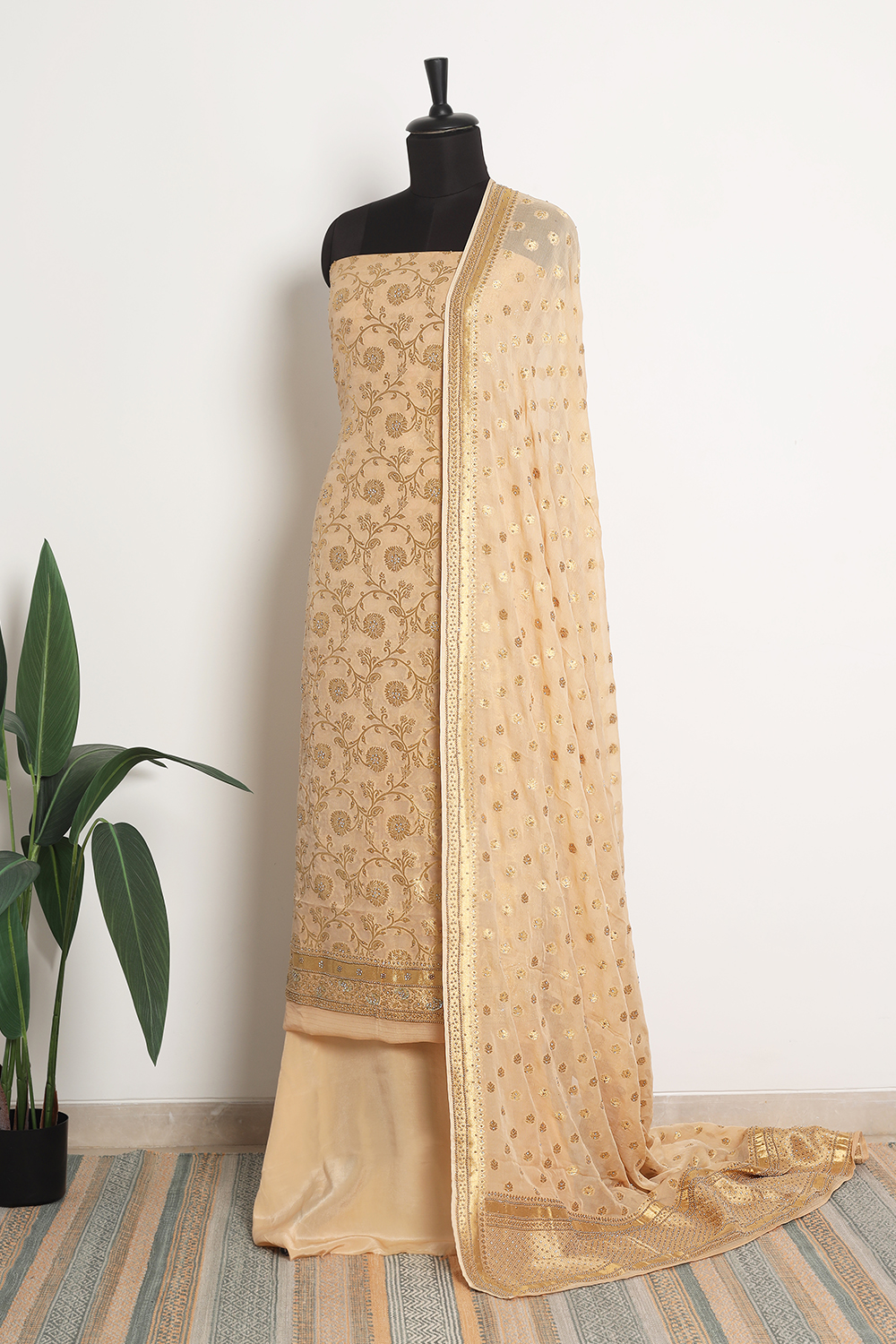 Banarasi Silk Unstitched Suit Set With Gold Tassels & Banarasi Dupatta