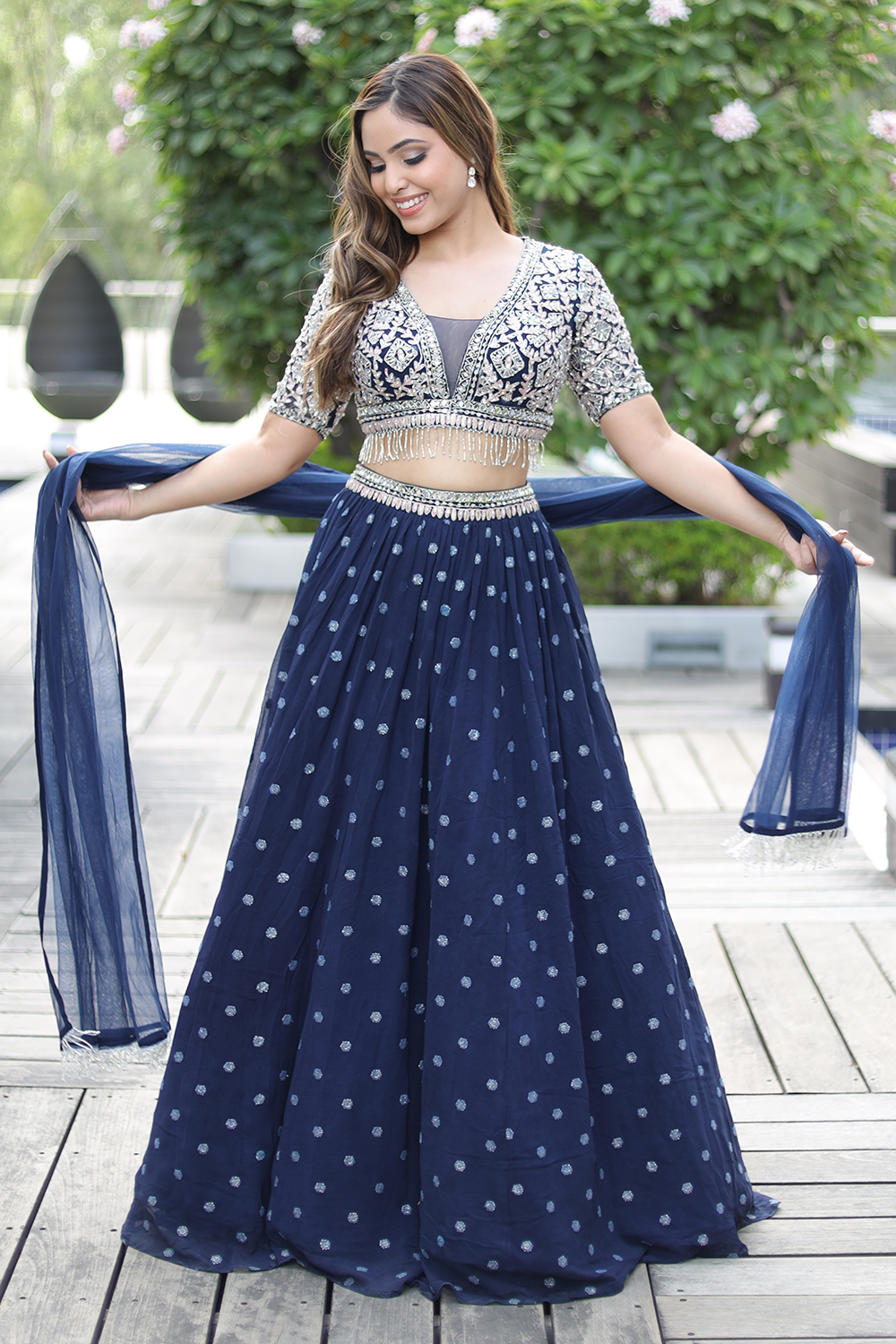 Ritika Mirchandani | Aiyla Iceblue Silver Lehenga Sari And Blouse |  INDIASPOPUP.COM