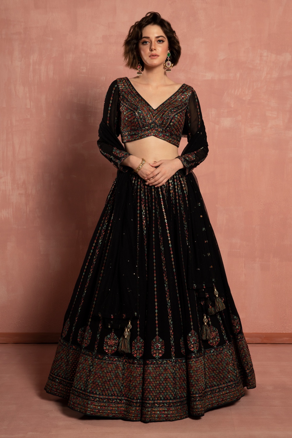 Georgette Embroidered Ladies Fancy Lehenga Crop Top With Skirt And Shrug,  Olive at Rs 1299/piece in Surat