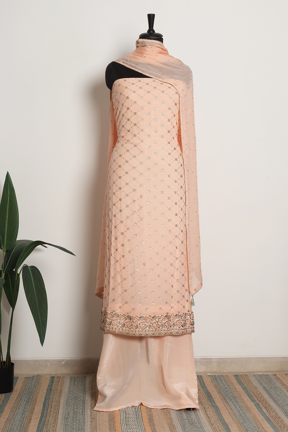 Peach Self Striped Silk Suit Set