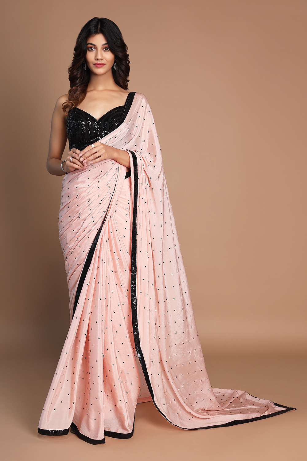 Ella Baby Pink Pure Silk-Crepe Saree with Black Embroidered Blouse | Saree  dress, Saree models, Elegant saree