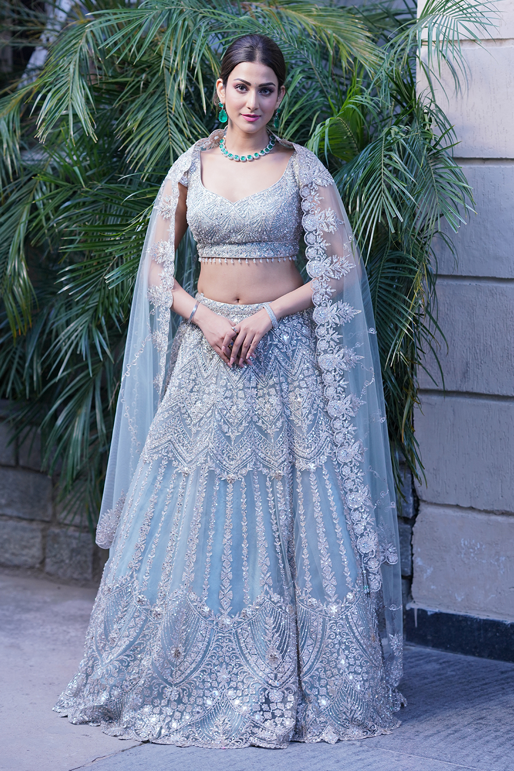 Buy Coral Blue Floral Art Nouveau Patterned Bridal Lehenga Online in the  USA @Mohey - Lehenga for Women