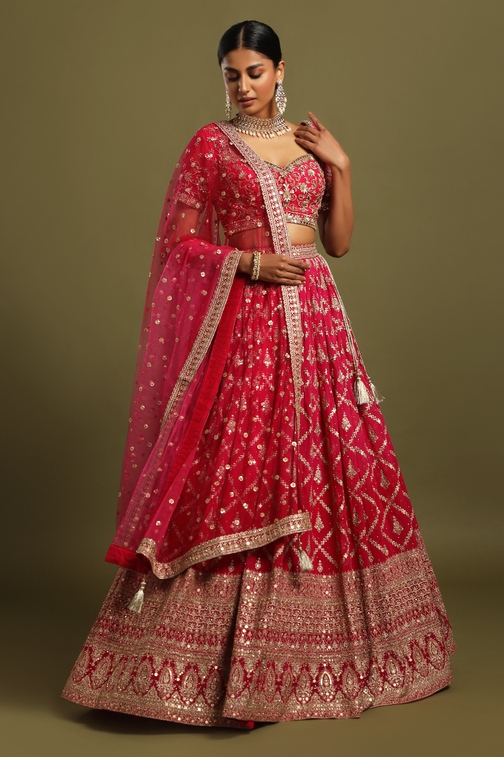Buy Tomato Red Embroidered 12 Kali Bridal Lehenga In Raw Silk With Cherry Pink  Blouse And Veil Dupatta KALKI Fashion India