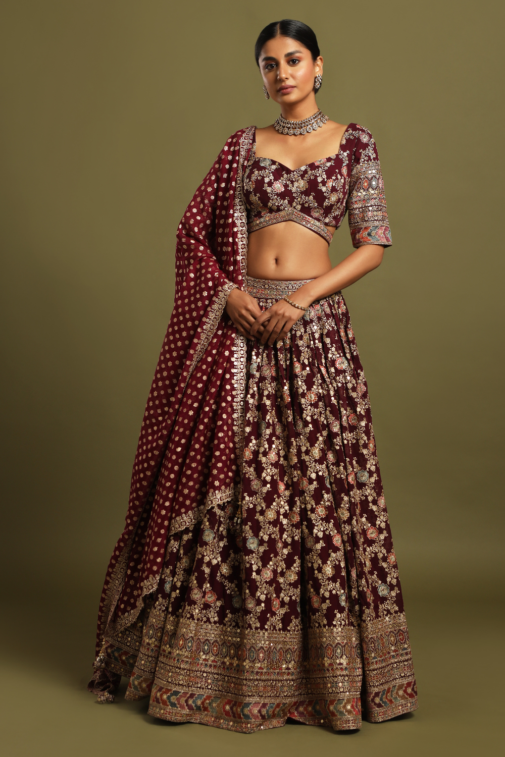 Indian Clothing | Buy Deep Wine Embroidered Jacket Style Lehenga Choli