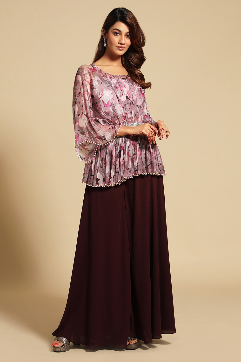 WINE BURGUNDY FLARED PALAZZO PANT SET PAIRED WITH A FLORAL PRINTED
