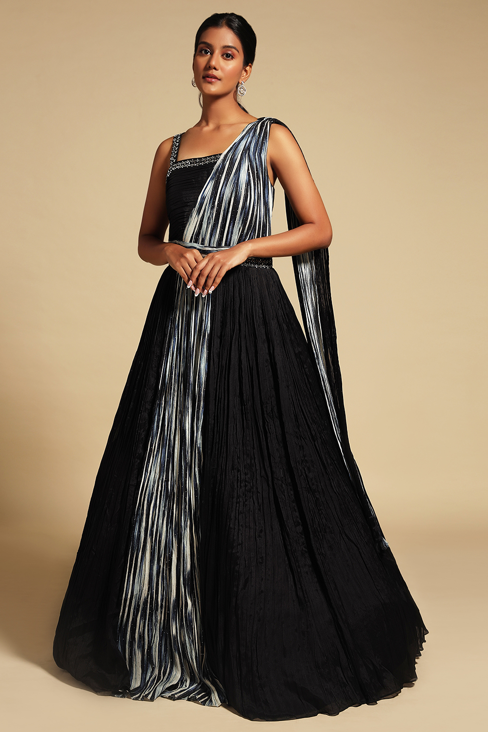 BridalTrunk - Online Indian Multi Designer Fashion Shopping MIDNIGHT BLUE ONE  SHOULDER GOWN WITH ATTACHED DUPATTA