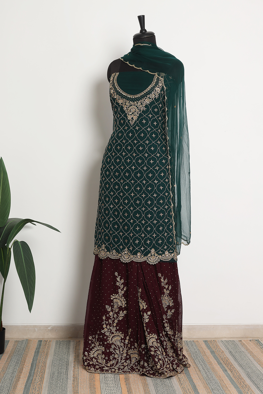 Emerald Green Designer Embroidered Pure Chinon Suit Set