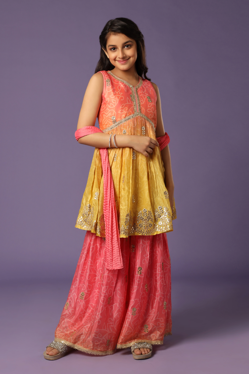 Bandhani One Shoulder Asymmetrical Kurta With Sharara Pants - Pinkcity by  Sarika