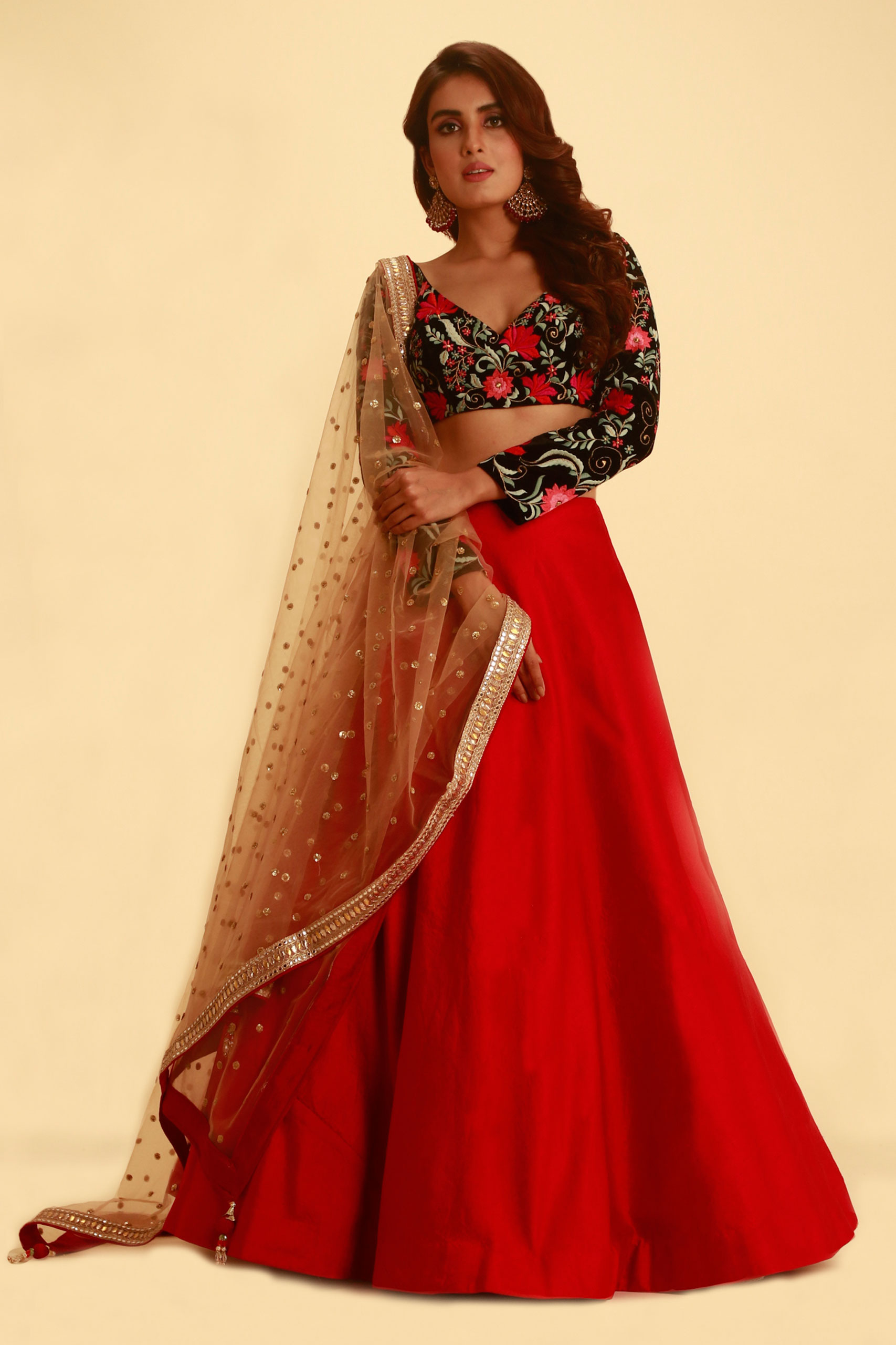 RED LEHENGA SET WITH ALL OVER ZARI AND CONTRAST COLOURED EMBROIDERY PAIRED  WITH A MATCHING DUPATTA, BEADED TASSELS AND SILVER EMBELLISHMENTS. -  Seasons India