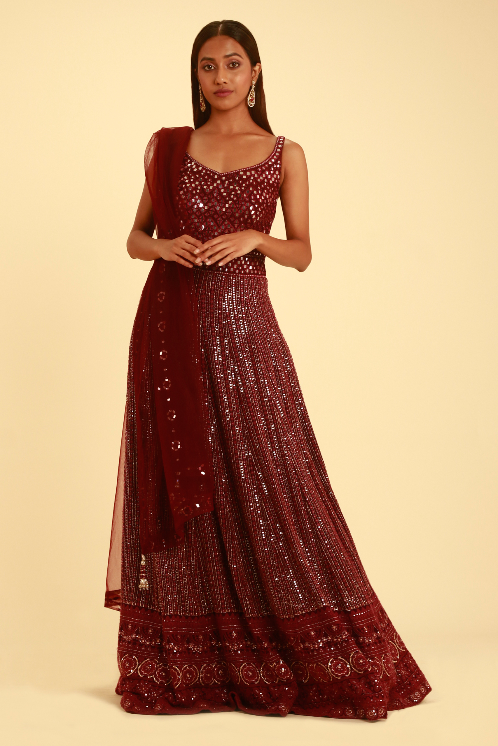 Wine Color Net Embroidered Anarkali Gown with Dupatta - Rent main image 1
