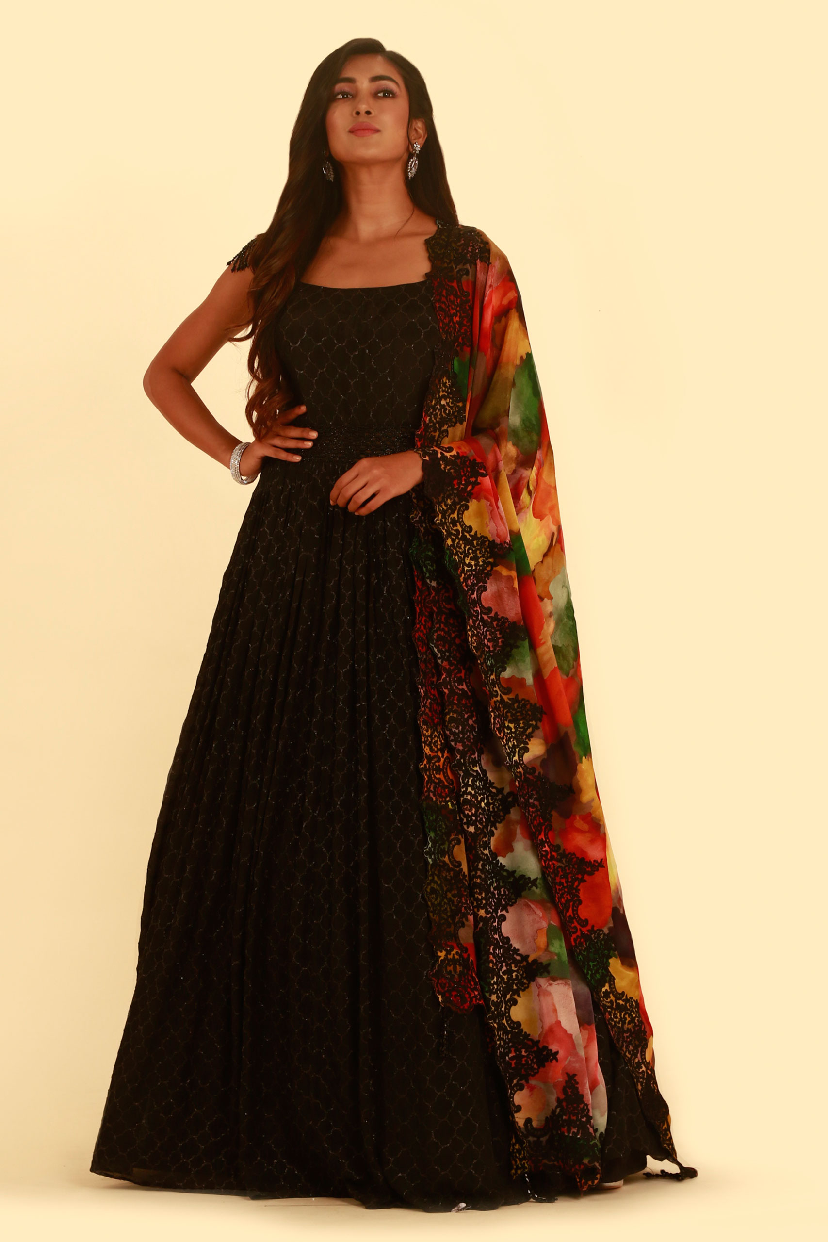 Black dress with mirror work yoke and banarasi dupattaset of two by The  Anarkali Shop  The Secret Label