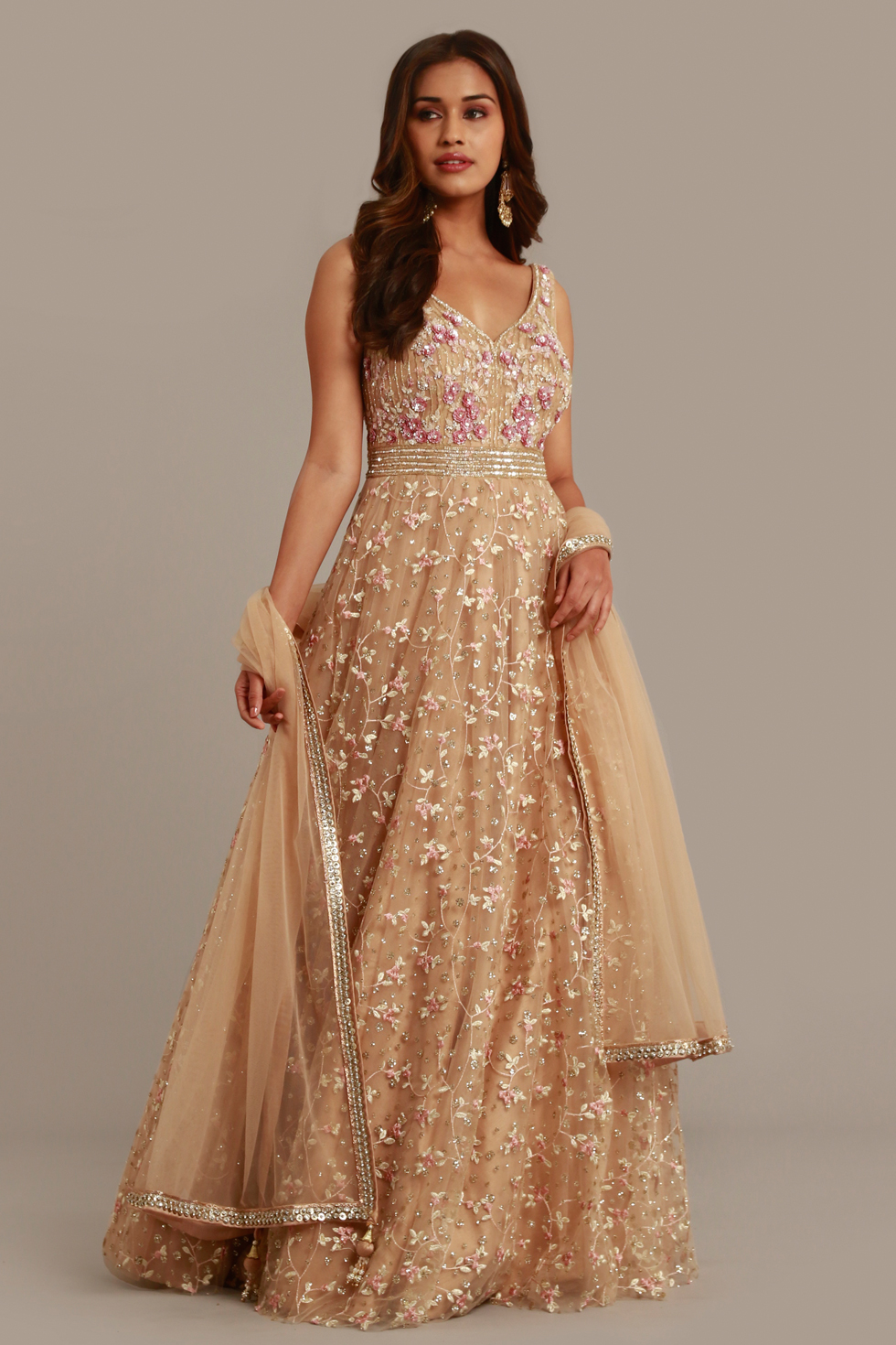 Buy Beige Golden Multi Embroidered Wedding Anarkali Gown In USA