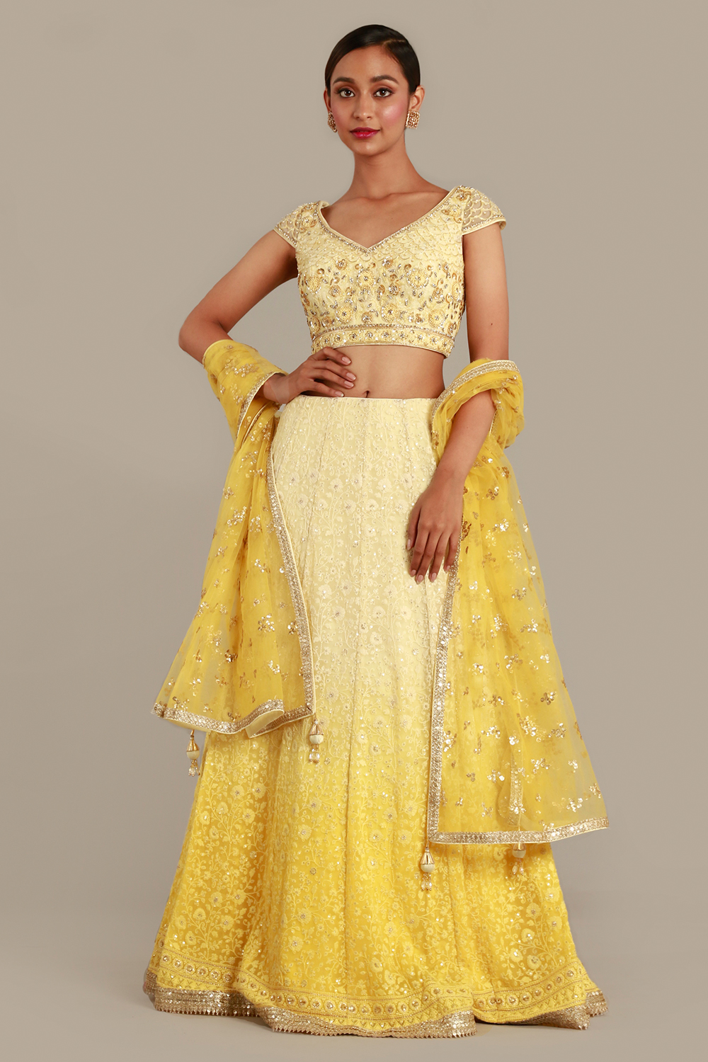 Yellow And Silver Ombre Lehenga Sequinned Set - Kalki Fashion