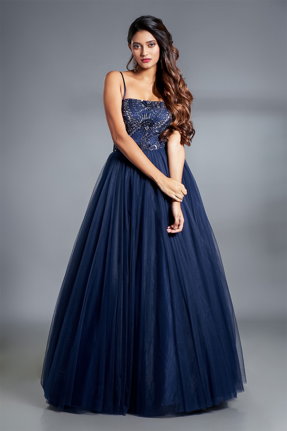 A Line Navy Blue Flower Appliqued Prom Dresses Bow Beaded Quinceanera Ball  Gowns – SheerGirl