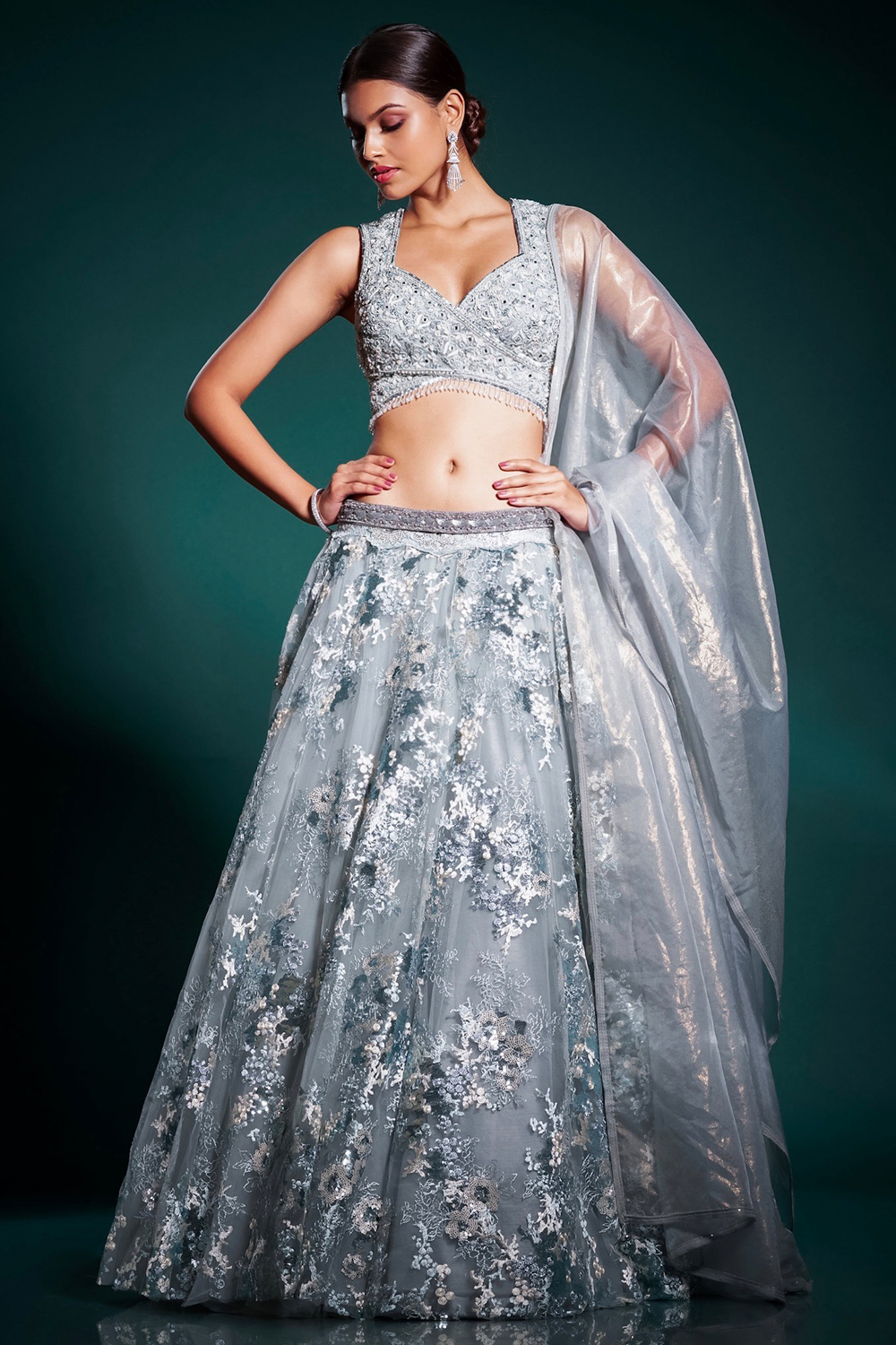 Silver lehenga with mirrorwork blouse and feather dupatta – Ricco India