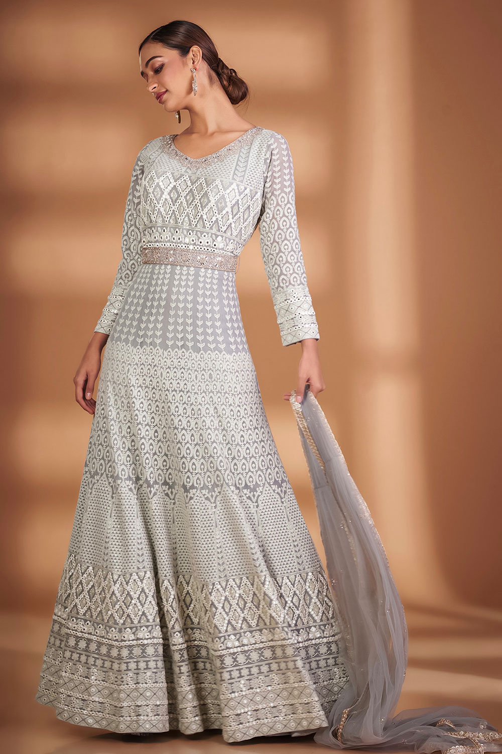 White Chikankari Gown With Embroidery Work