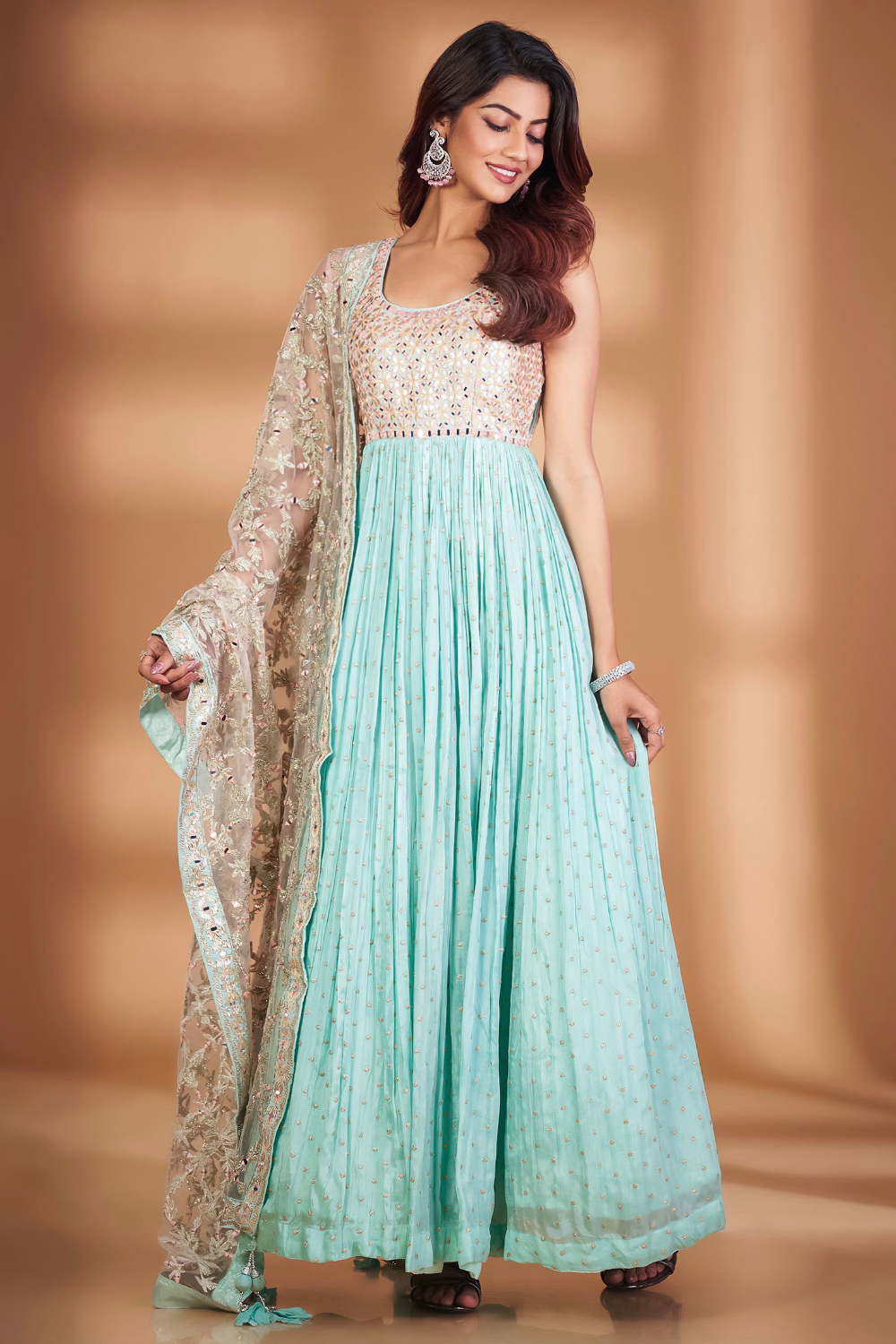 Off-Shoulder Light Blue Party Wear Gown For Girls – Suvidha Fashion