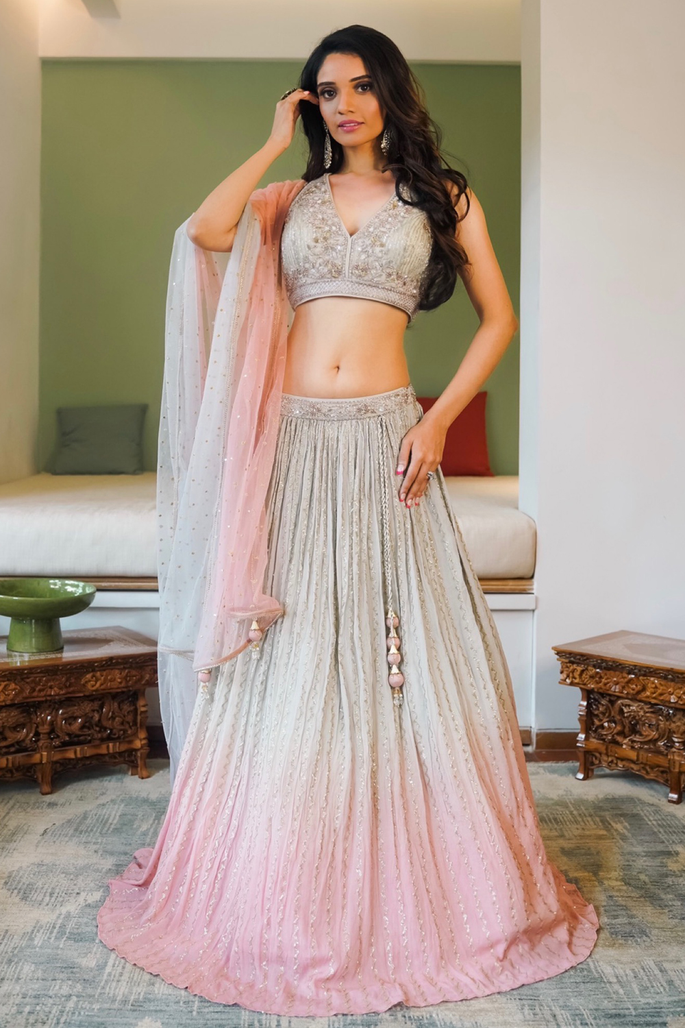 Pink Peacock Couture | Grey Lehenga With Corset And Blouse | INDIASPOPUP.COM