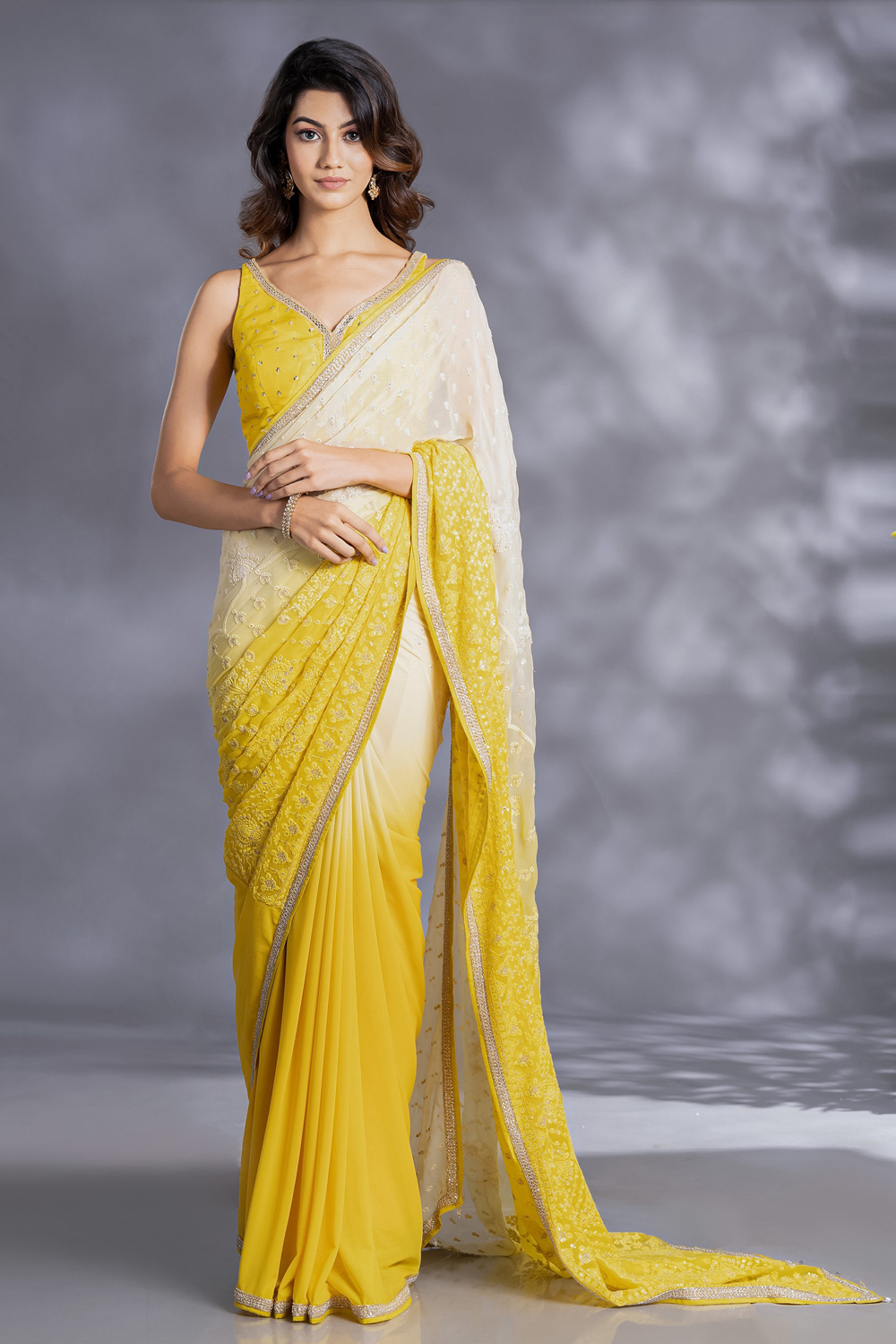 Organza Fabric Mustard Yellow Color Embroidered Saree With Contrast Blouse