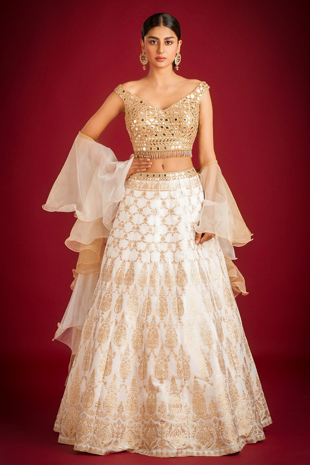 Heavily Embroidered Golden Blouse with Upada Silk White Lehenga with light  buttis and with White Net Dupatta. - | Dress Designer