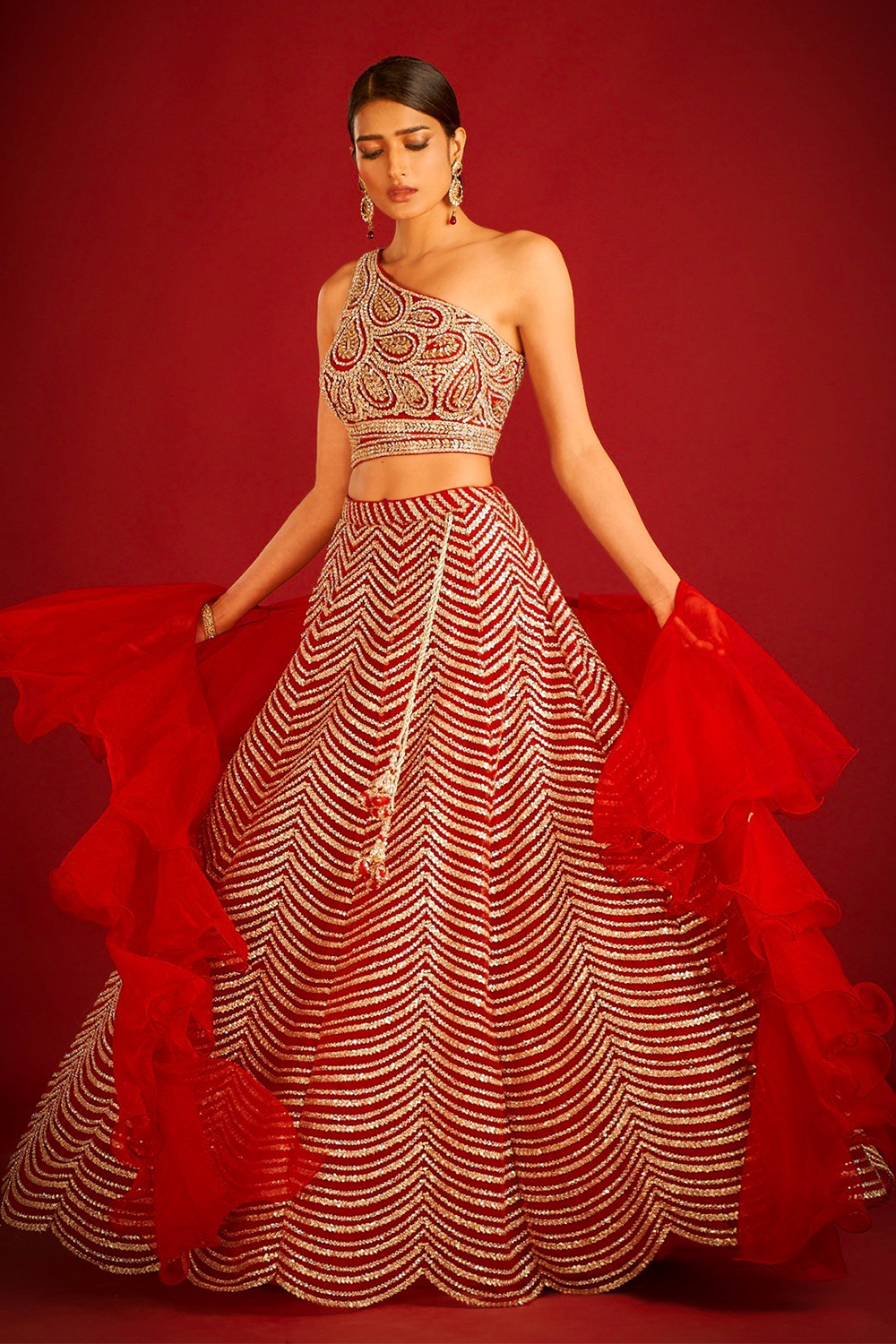 Red Color Lehenga with One Shoulder Blouse – Panache Haute Couture