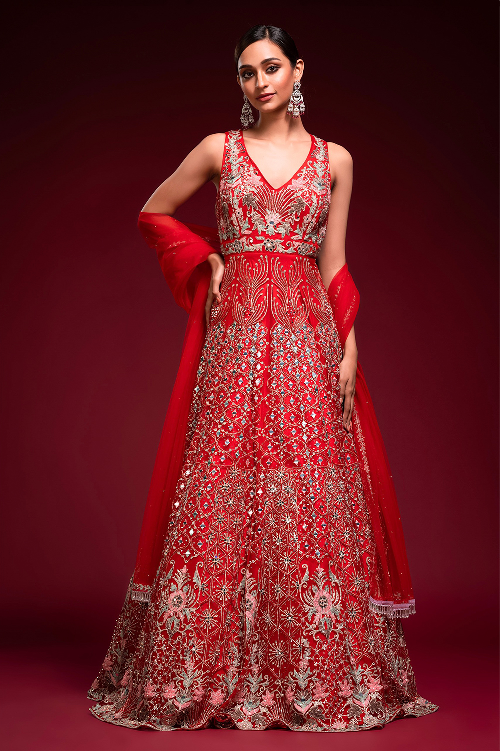 RED SEQUENCE WORK GOWN WITH DUPATTA - Evilato