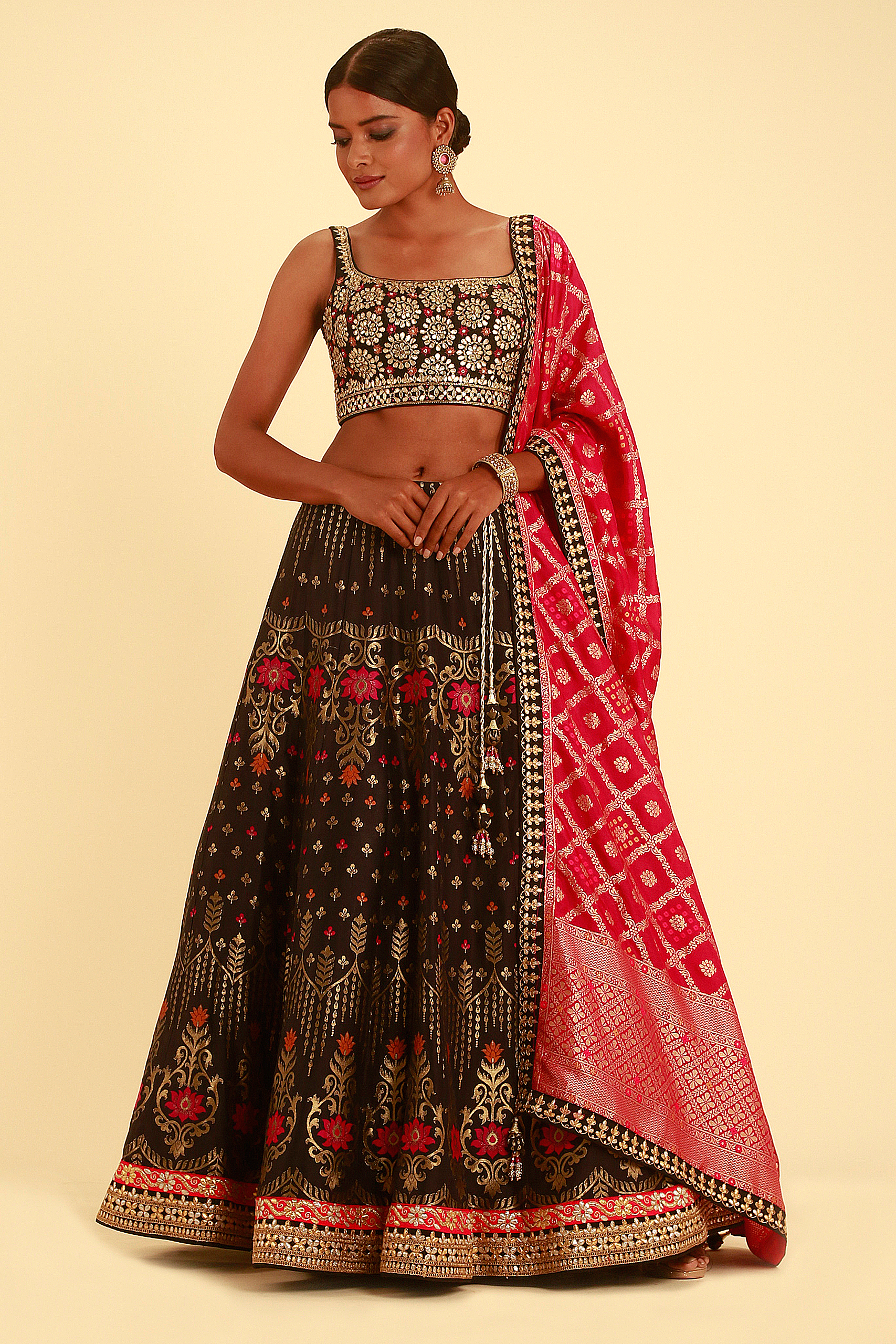 Pink and Black Colored Beautiful Embroidered Net Lehenga Saree | Shop Now