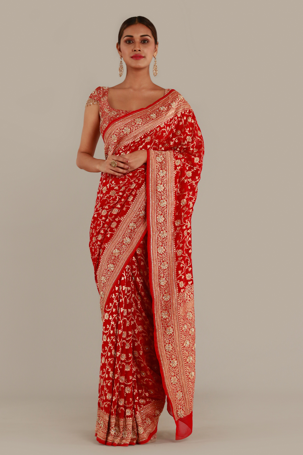 Satin silk Saree with blouse in Red color