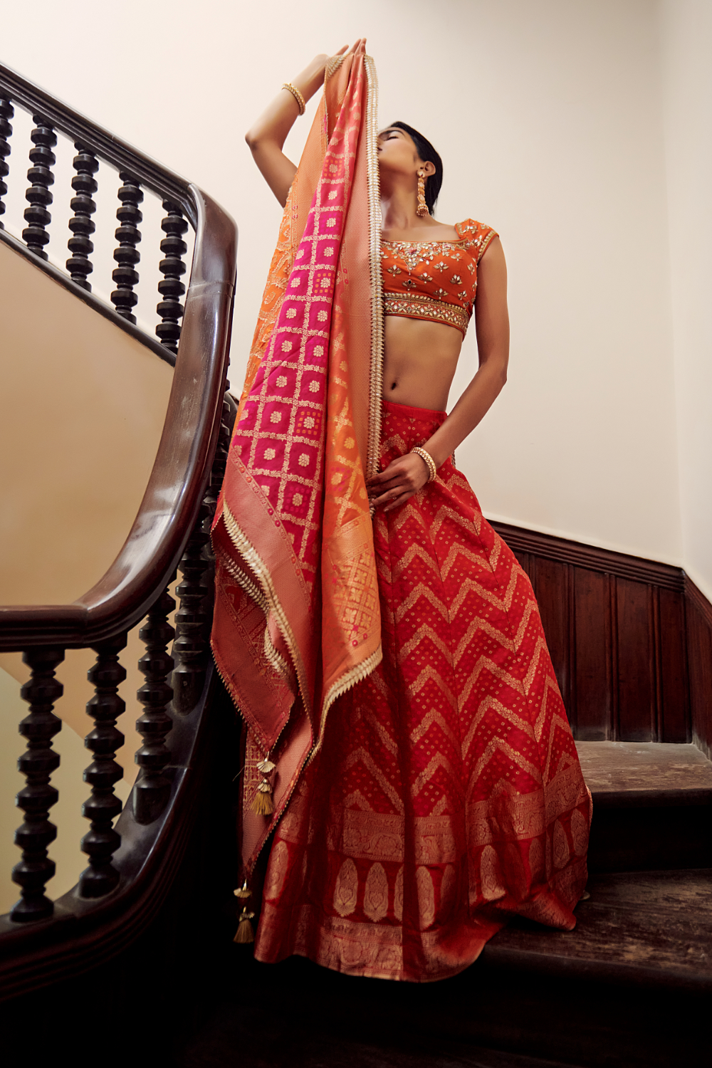 Kanchipuram Silk Brocade Red Lehenga With Georgette Fusion | Kankatala