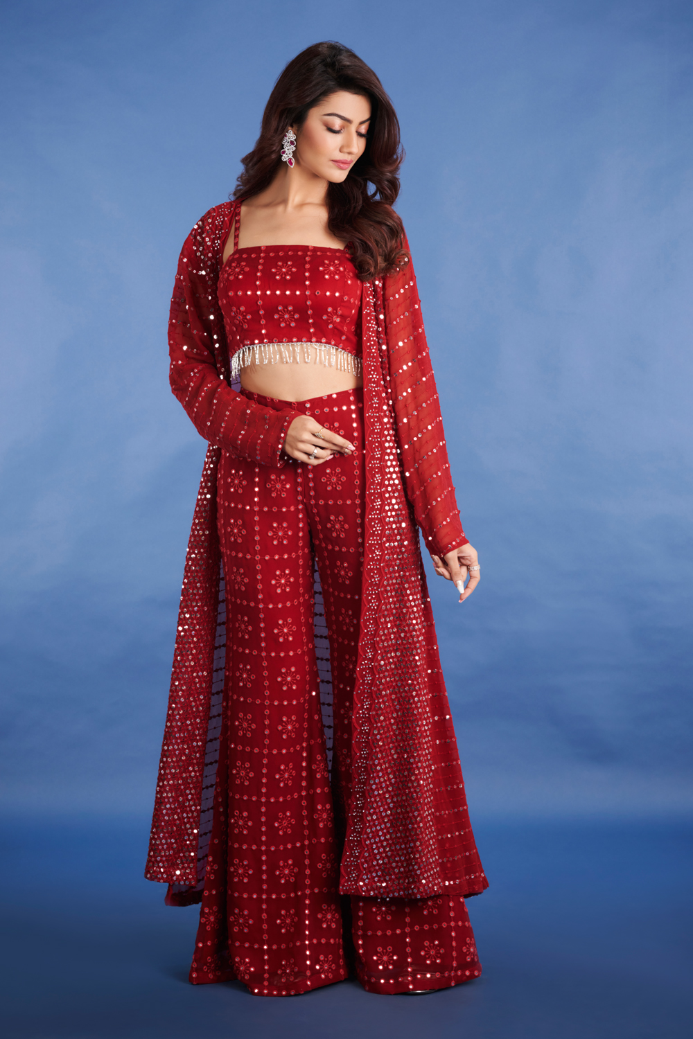 Wine Palazzo And Crop Top Set With Embroidered Long Jacket Online - Kalki  Fashion | Crop top set, Fashion, Indian designer wear