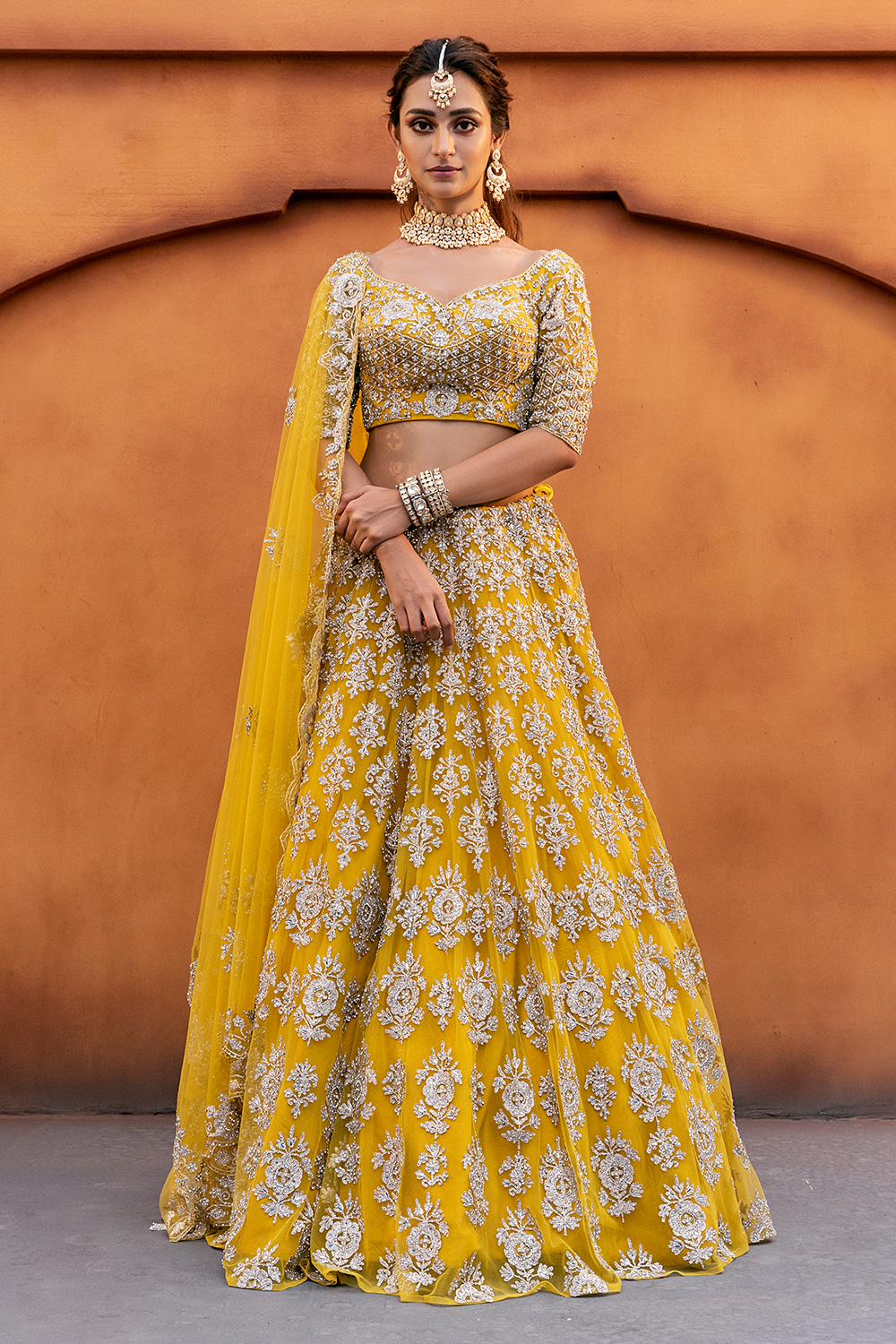 A Stunning Yellow Wedding Lehenga Choli With Contrast Blouse And Dupatta.  Decorated with sequins, and zari work all over. What are you… | Instagram