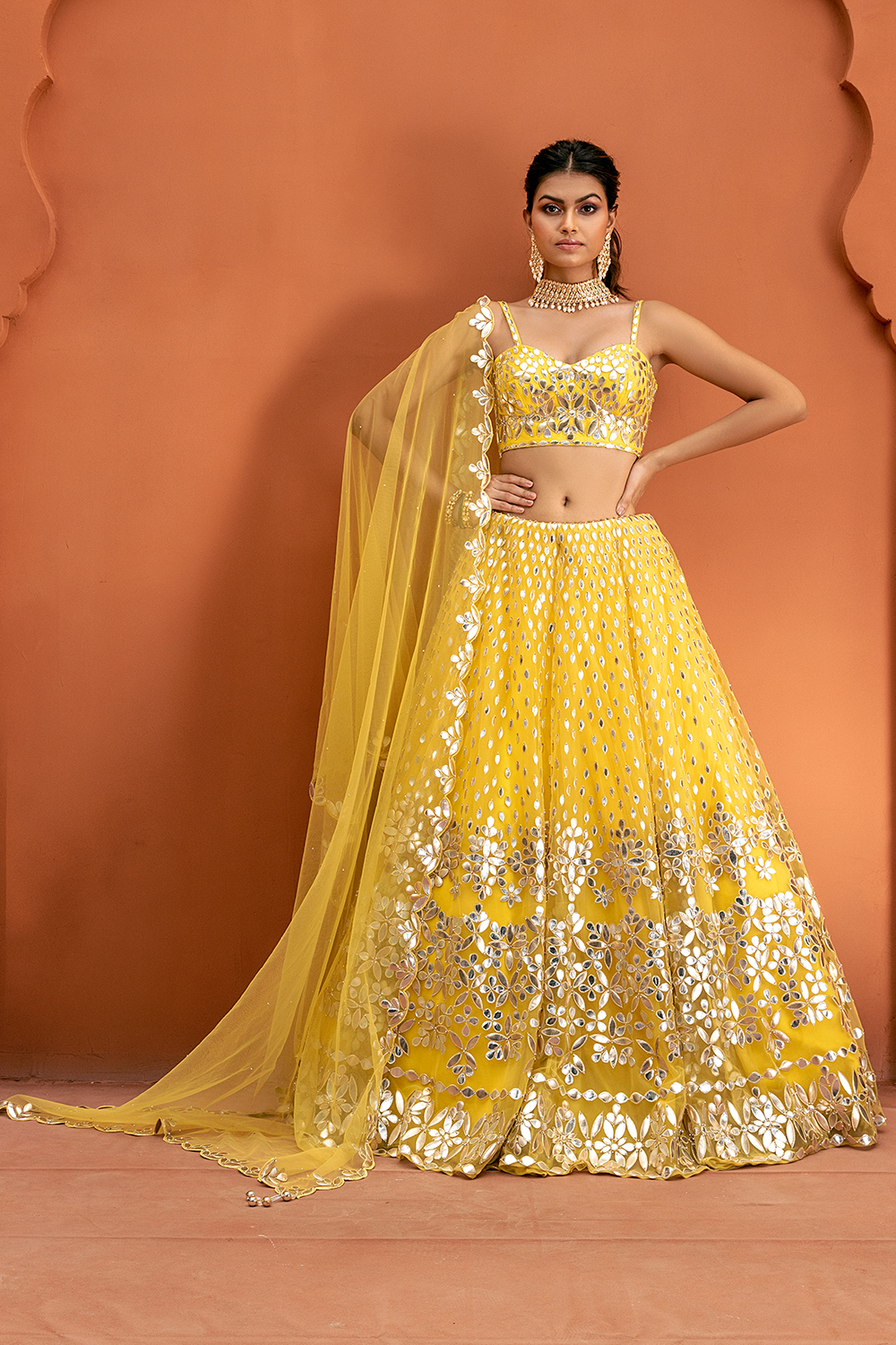 Shaded Yellow Sequins Embellished Silk Lehenga Choli