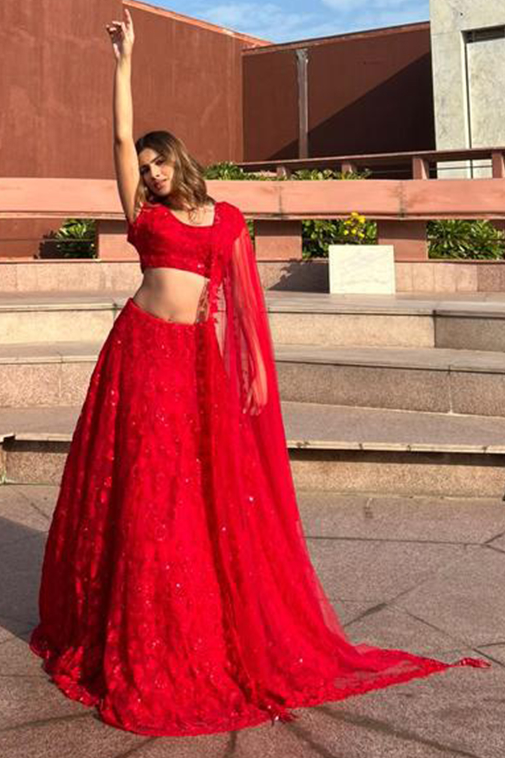 Buy Red Solid SemiStitched Lehenga with Sequinned Blouse and Net Dupatta -  Inddus.com.