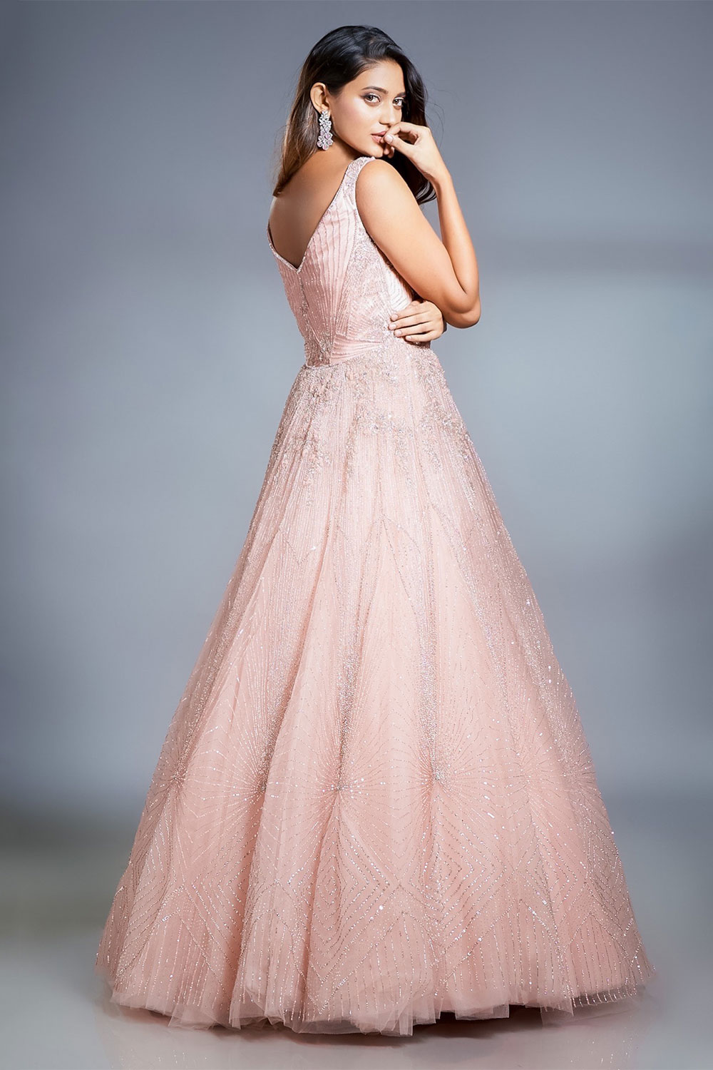 Blush Pink V Neck Elegant Red Ball Gown Prom Dress - Bridelily